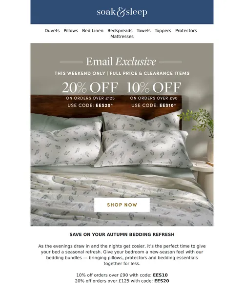 Soak&Sleep email layout for Email Exclusive | 20% off full price & clearance