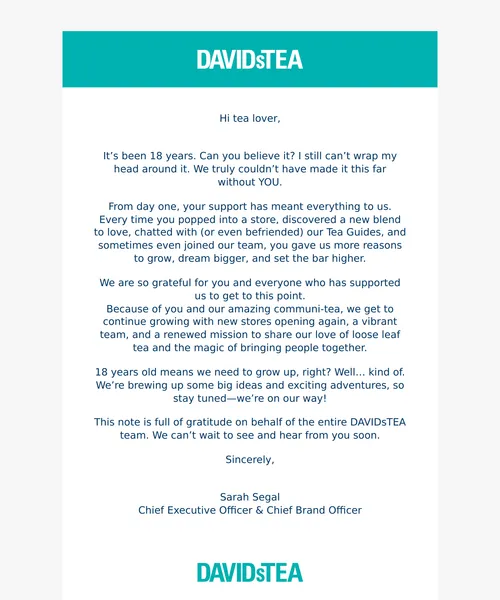 David's Tea email layout for 18 is a big deal 🎂❤️
