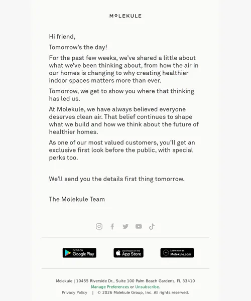 Molekule email layout for Exclusive access arrives TOMORROW