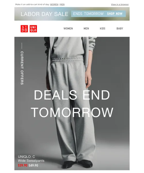 Uniqlo email layout for ONE DAY LEFT to shop deals from $14.90