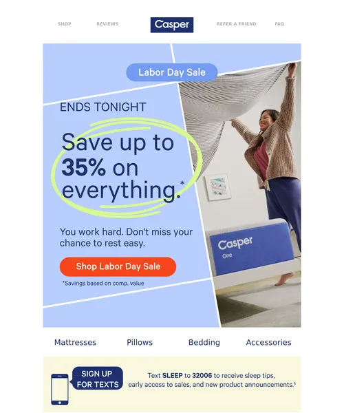 Casper email layout for Labor Day Savings End Tonight