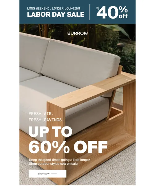 Burrow email layout for A reason to stay outside: up to 60% off