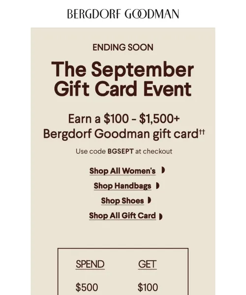 Bergdorf Goodman email layout for Your September Gift Card Awaits