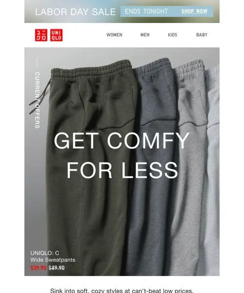 Uniqlo email layout for Save big on our viral sweats