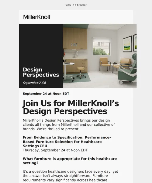 MillerKnoll email layout for Reminder: Join us for a Design Perspectives healthcare CEU on September 24
