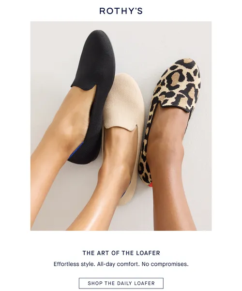 Rothy's email layout for Back! The cheetah Daily Loafer.
