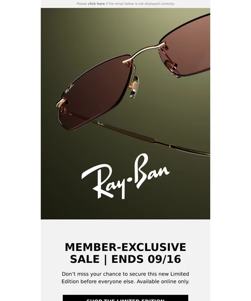 Ray-Ban email layout for Member-Exclusive Sale | 10-16 September
