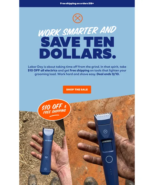 Dollar Shave Club email layout for Get $10 Off Electrics Before Things Power Down