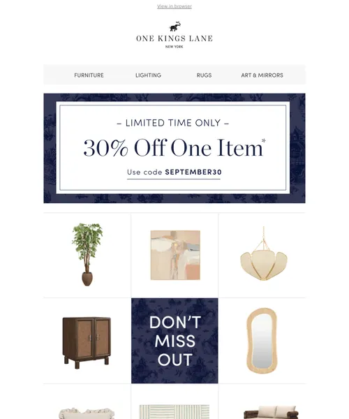 One Kings Lane email layout for Your Sunday Treat — 30% Off One Item, Ends Tomorrow