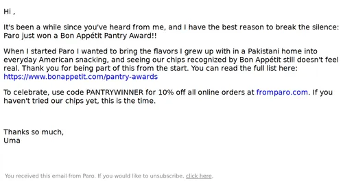 Paro email layout for We won a Bon Appétit award!!