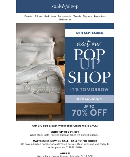 Soak&Sleep email layout for Our BIG Bed & Bath Warehouse Clearance IS TOMORROW