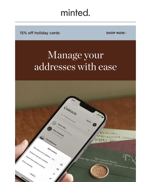 Minted email layout for Holiday cards, minus the chaos