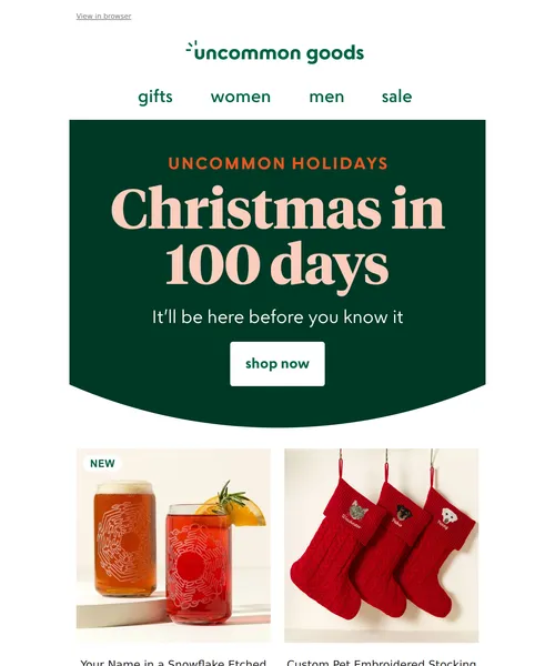 Uncommon Goods email layout for Only 100 days until Christmas