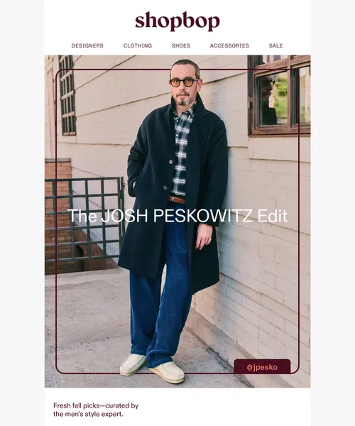 ShopBop email layout for Fall picks from a style expert