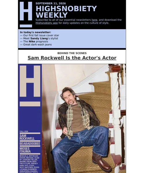 Highsnobiety email layout for You've Never Seen Sam Rockwell Quite Like This