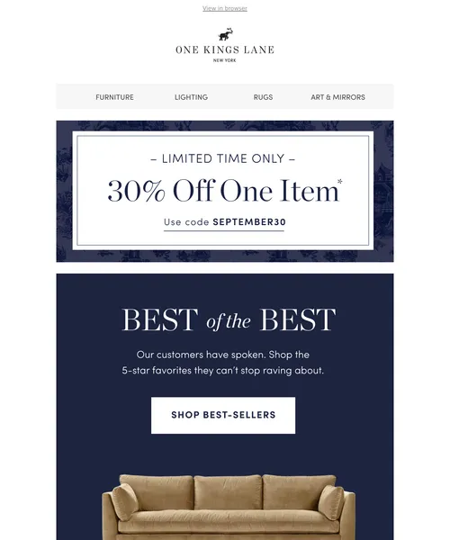 One Kings Lane email layout for ⭐ Best of the Best — Our 5-Star Favorites