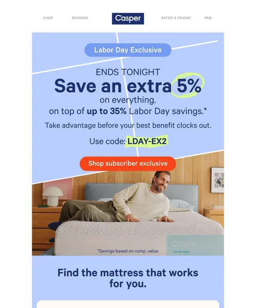 Casper email layout for Extra 5% Ends Tonight. Don't Miss It.