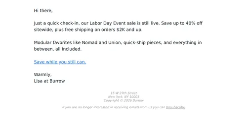 Burrow email layout for Shop up to 40% off sitewide