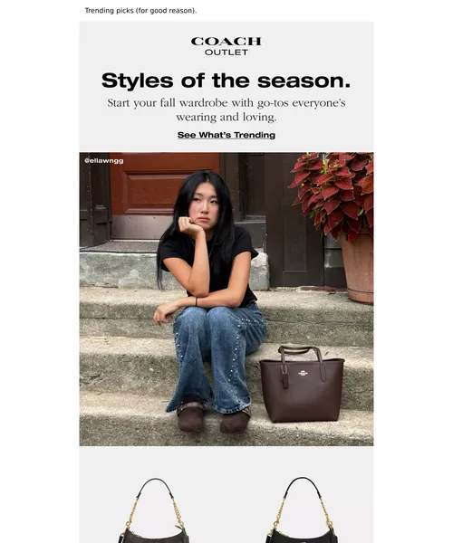 Coach email layout for Start your fall wardrobe here.