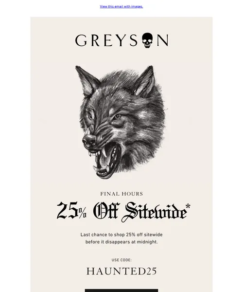 Greyson Clothiers email layout for 25% Off Vanishes at Midnight