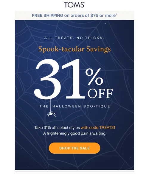 Toms email layout for The Boo-tique Is Open: 31% Off Select Styles