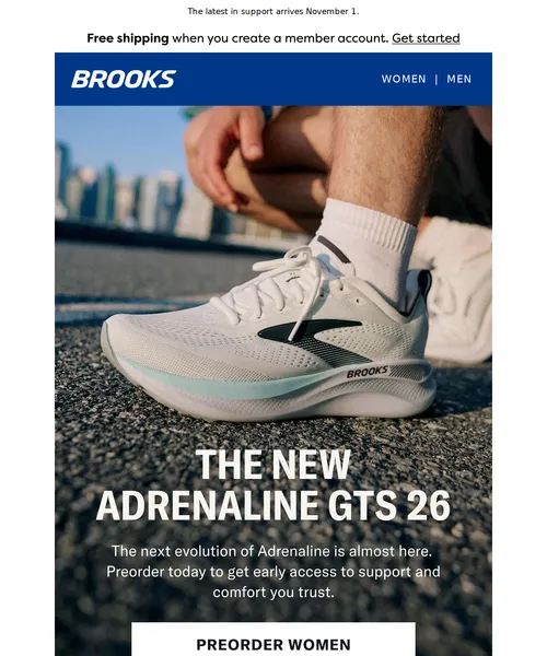 Brooks Running email layout for Preorder the Adrenaline GTS 26.