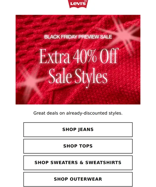 Levi's email layout for Extra 40% off sale styles + free shipping