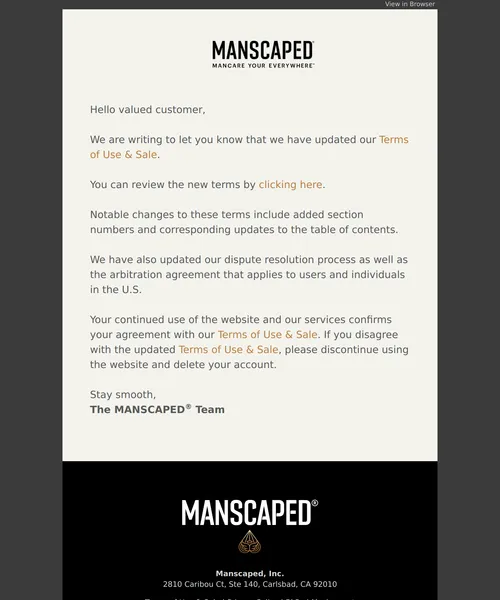 Manscaped email layout for We’re updating our Terms of Use and Sale