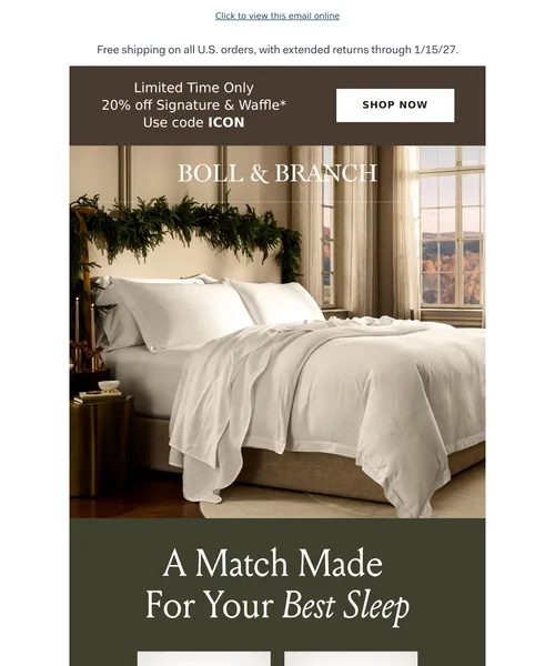 Boll & Branch email layout for 2 Bestsellers. Now 20% off