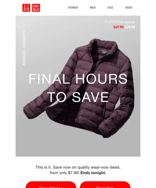 Uniqlo email layout for These deals END tonight