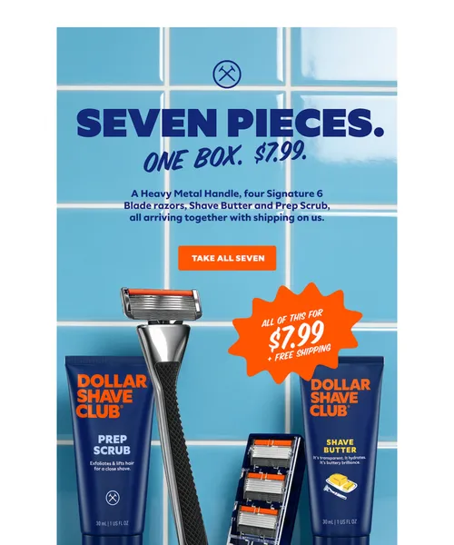 Dollar Shave Club email layout for A metal handle with real heft.