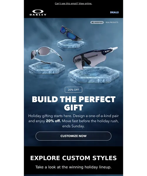 Oakley email layout for Save 20% | Holiday Custom Gifting