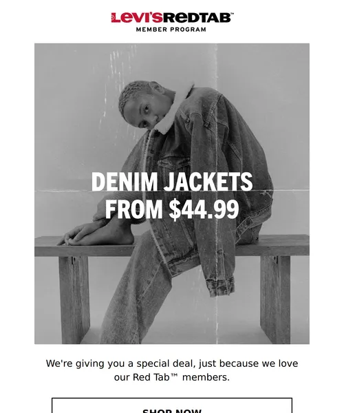 Levi's email layout for Select Denim jackets from $44.99