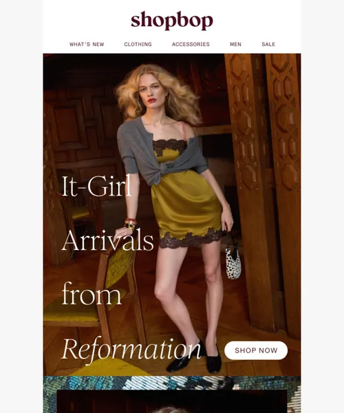 ShopBop email layout for Opulent arrivals: Reformation