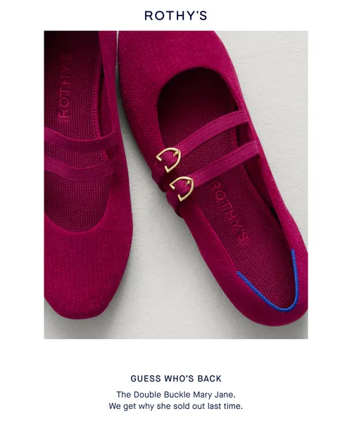 Rothy's email layout for Double Buckle MJs are back.