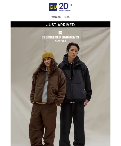 GU email layout for JUST ARRIVED: GU x ENGINEERED GARMENTS