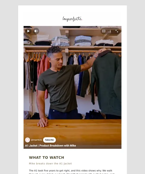 Imperfects email layout for What to Watch: The A1 Jacket