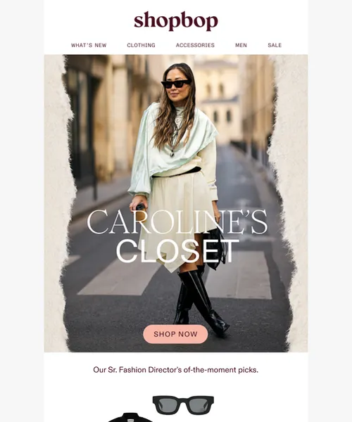 ShopBop email layout for Caroline's Closet: peak fall edition