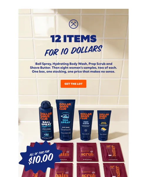 Dollar Shave Club email layout for Twelve things. One stocking. Ten bucks.