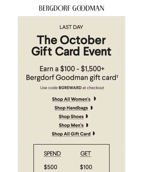 Bergdorf Goodman email layout for Last Call: The October Gift Card Event