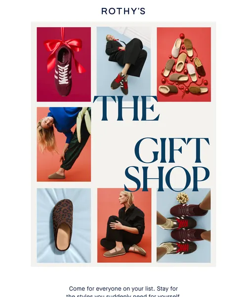 Rothy's email layout for THE GIFT SHOP IS OPEN