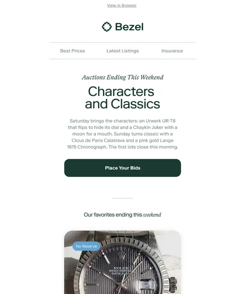 Bezel email layout for Auctions Ending This Weekend: Patek Philippe, Audemars Piguet, Rolex, and more