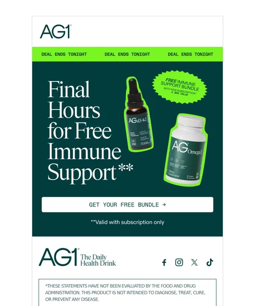 AG1 email layout for Ends Tonight! Free Immune Support Bundle