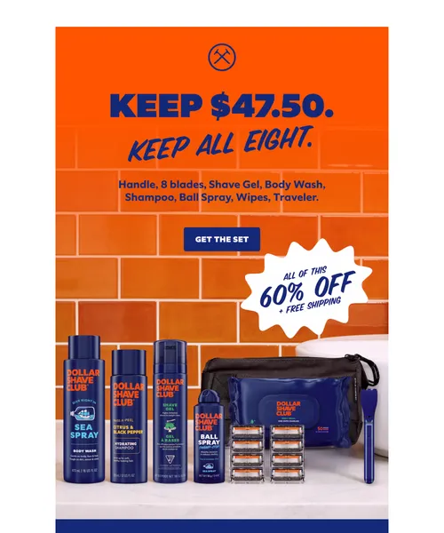 Dollar Shave Club email layout for Eight pieces, 60% off.