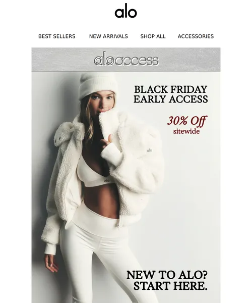 Alo email layout for 30% OFF STARTS NOW (not a drill)