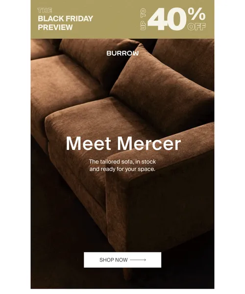 Burrow email layout for Meet Mercer, in stock now