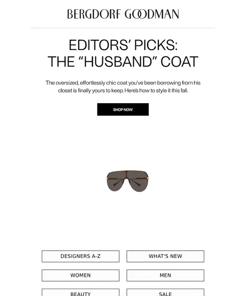 Bergdorf Goodman email layout for Editors’ Picks: The “Husband” Coat