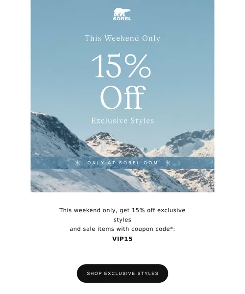 Sorel email layout for 15% Off Select Styles and Sale