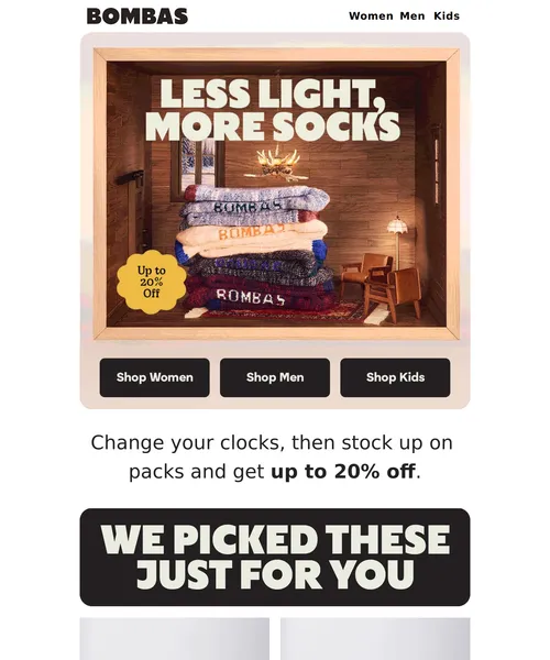 Bombas email layout for Change Your Clocks + Save Up to 20% on Socks