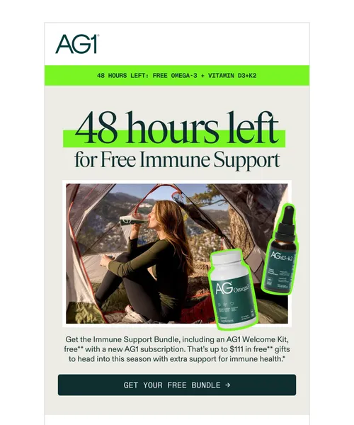 AG1 email layout for 48 Hours Left: Free Immune Support